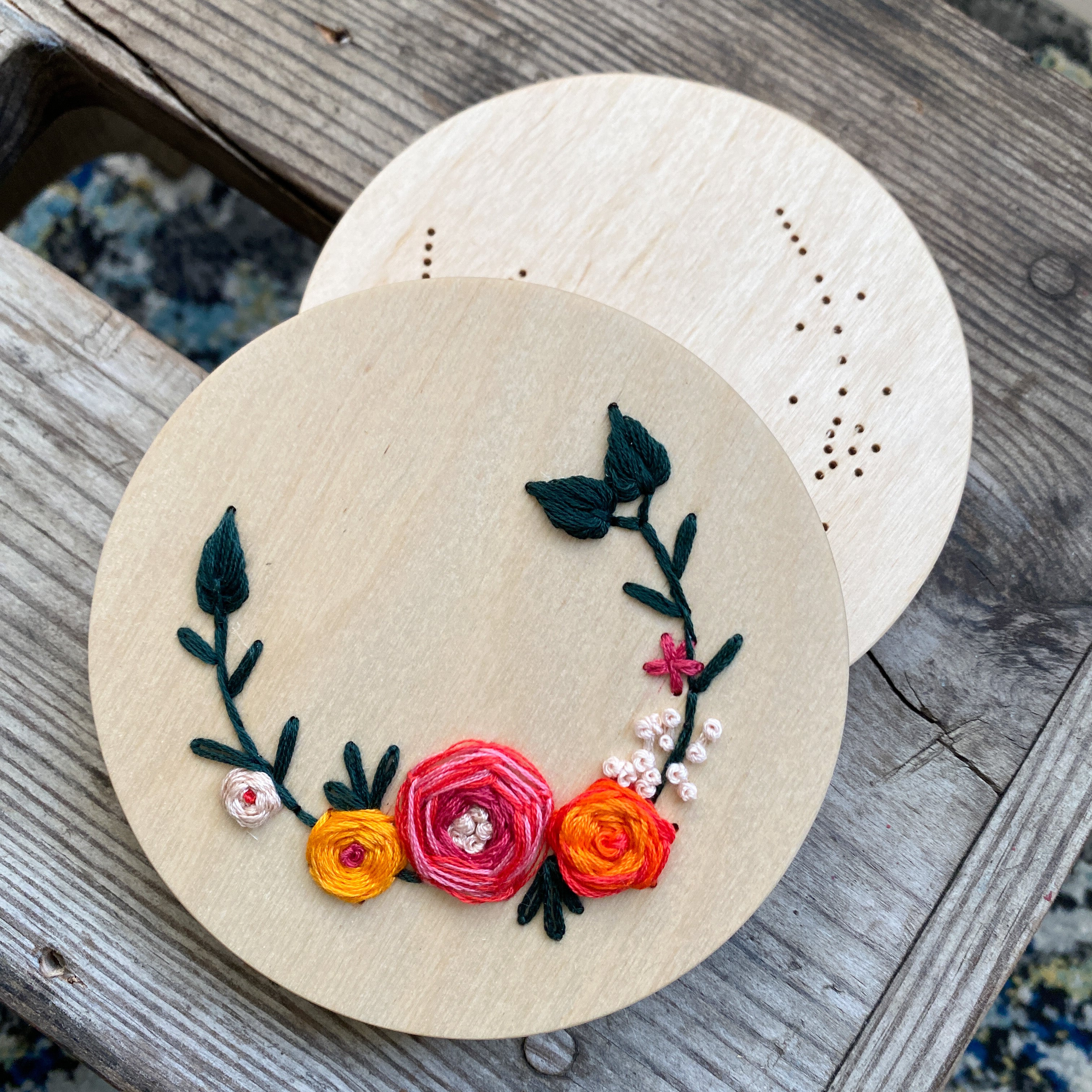 Wood Embroidery Perforated Disc: "Spring Flowers" (Intermediate)