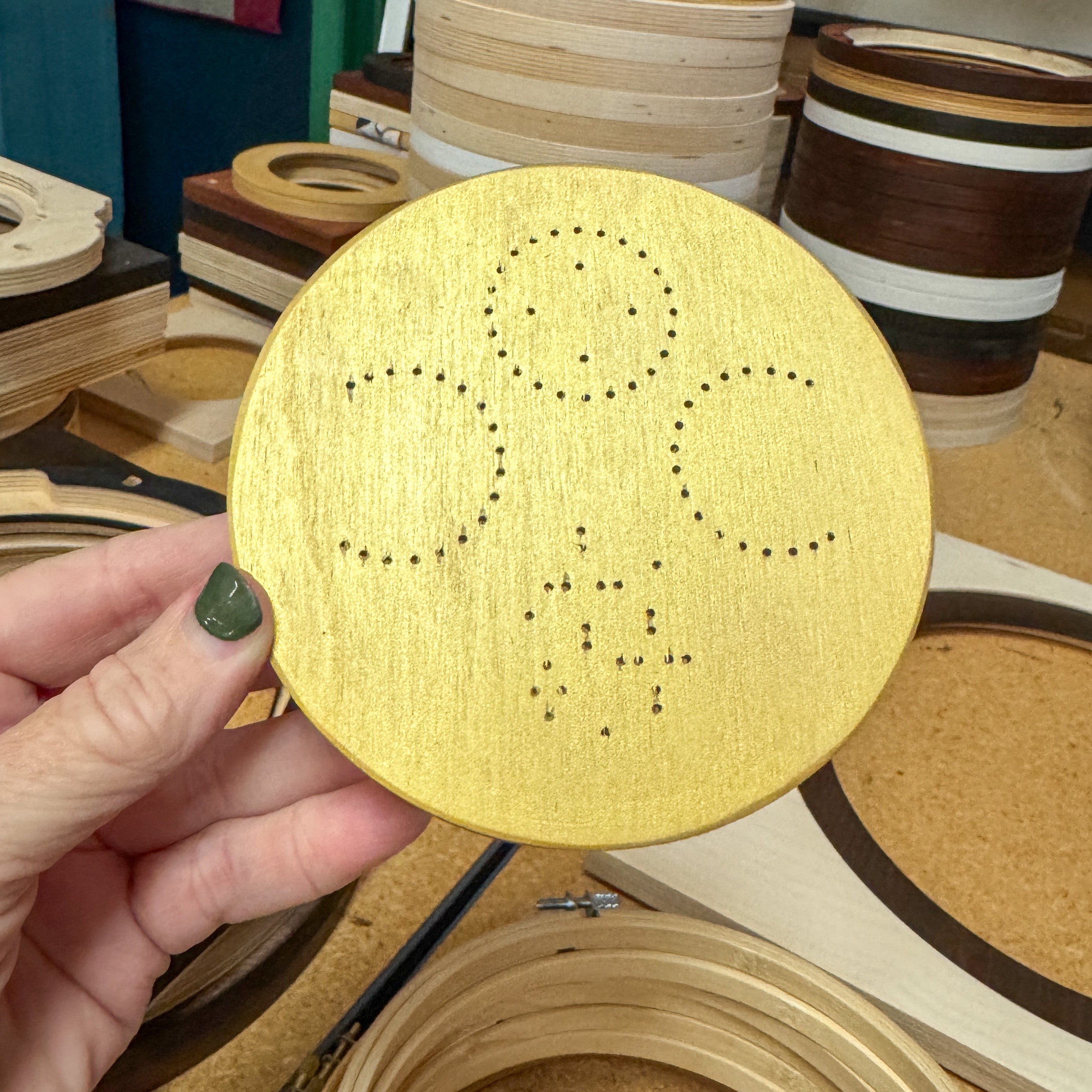 Discontinued: Wood Embroidery Perforated Disc: "Blame it on the Moon"